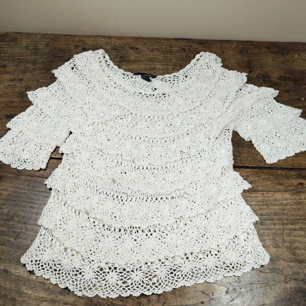 Denim 24/7 Ivory Crocheted Sweater Womens Medium Tiered Y2K Cottagecore Boho